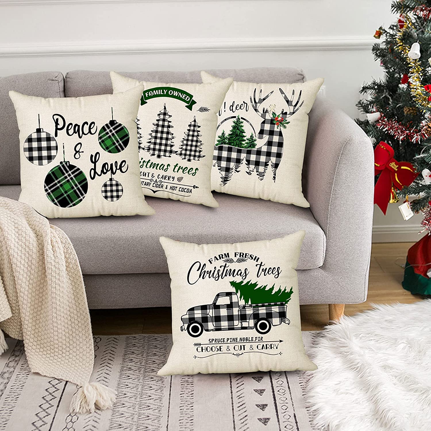 Set of 4 Christmas Pillow Covers 18 x 18 with 4 Bonus Coasters (Truck, Reindeer)