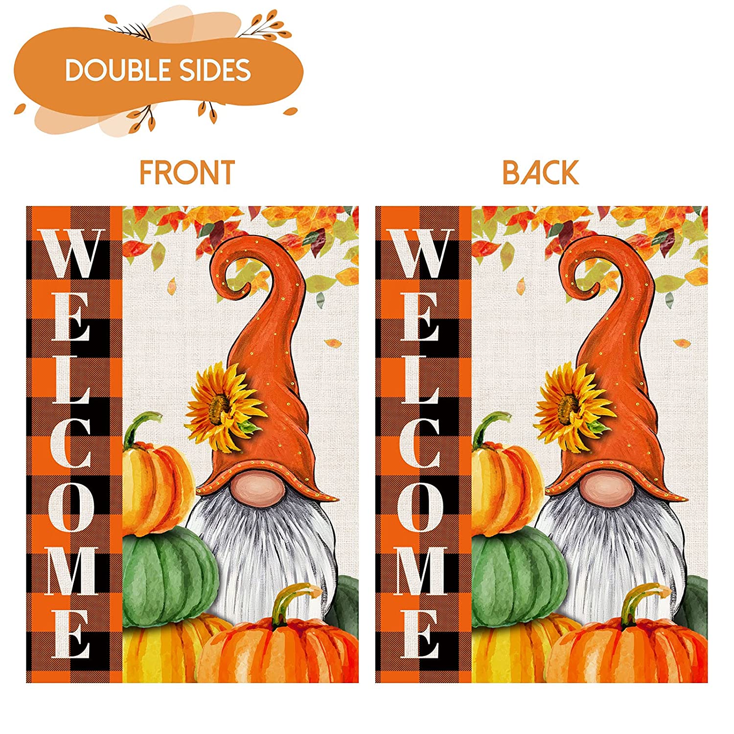 2 Pcs Double Sided Pumpkin Fall Garden Flags 12 x 18 (Stripe, Gnome)