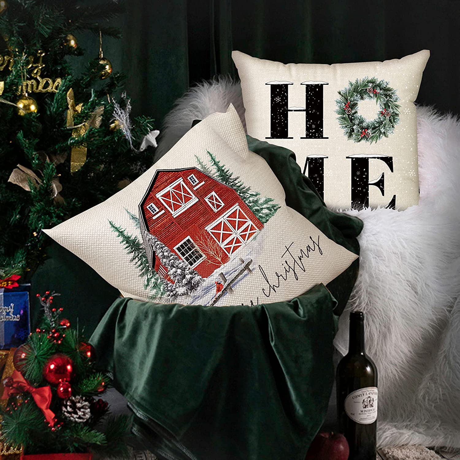 Set of 4 Rustic Christmas Pillow Covers 18 x 18 with 4 Bonus Coasters (Snow, Farmhouse)