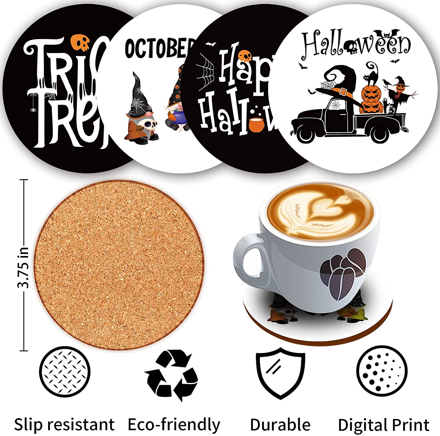 Set of 4 Halloween Trick or Treat Pillow Covers 18 x 18 with 4 Bonus Coasters (Truck, Gnome)