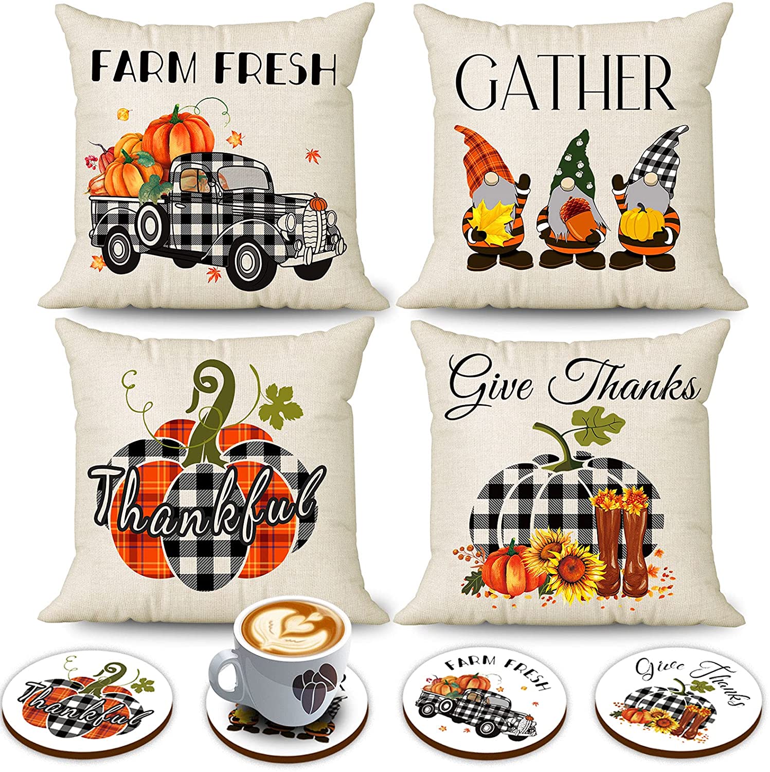 Set of 4 Buffalo Plaid Fall Pillow Covers 18 x 18 with 4 Bonus Coasters (Patch, Gnome, Truck))