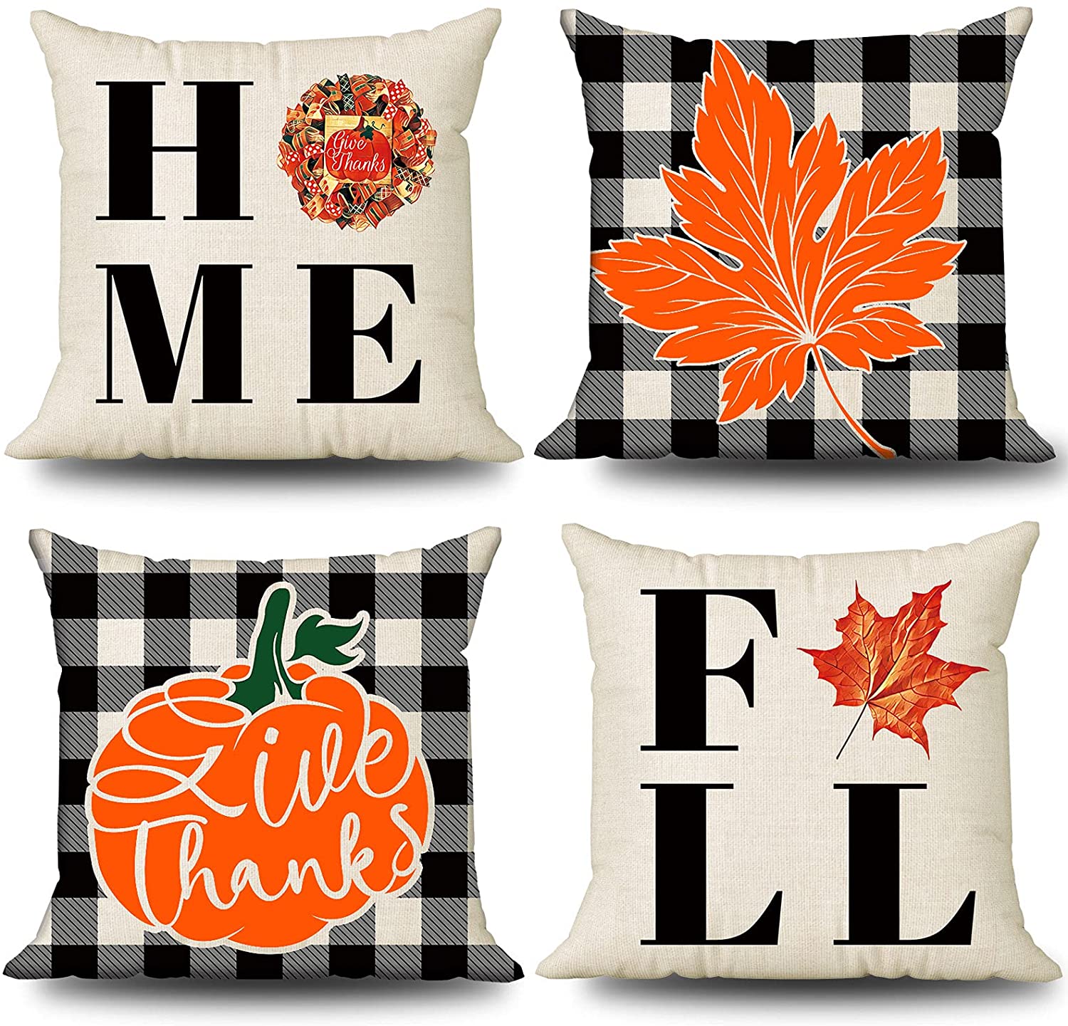 Set of 4 Sweet Home Fall Pillow Covers 18x18 (Pumpkin, Maple Leaves)