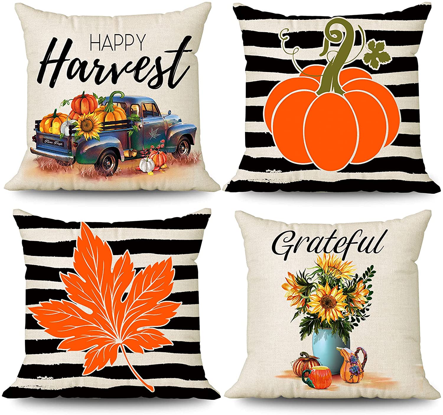 4 Pcs Fall Decorative Pillow Covers 18 x 18 (Stripe, Truck)