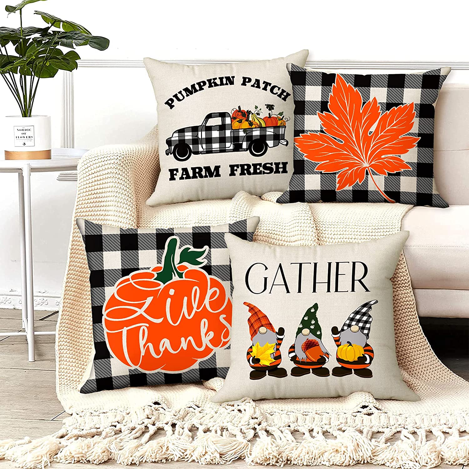 Set of 4 Happy Fall Pillow Covers 18 x 18 (Check, Gnome, Truck)