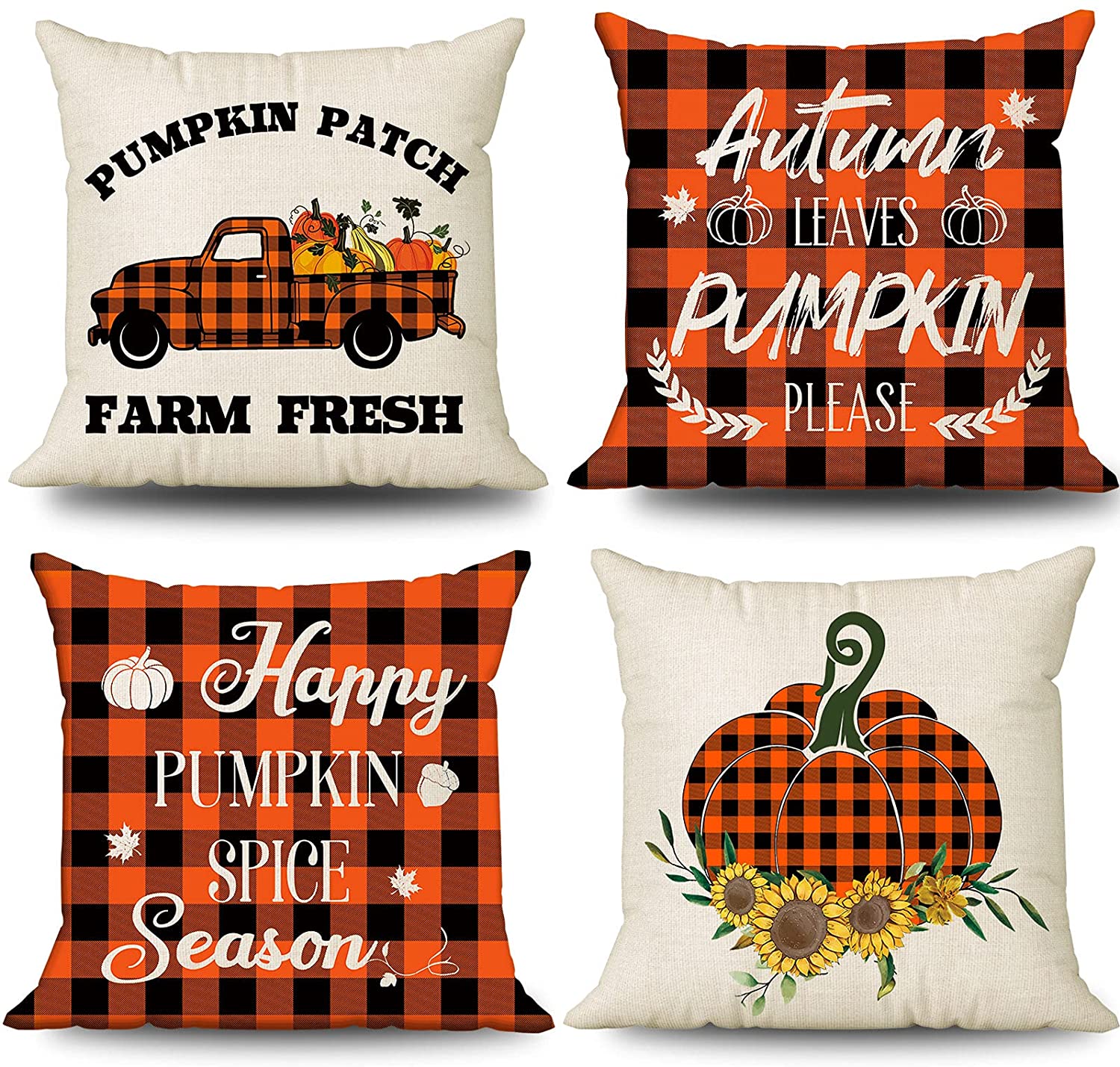 Set of 4 Hello Fall Pillow Covers 18 x 18 (Check, Truck, Pumpkin)