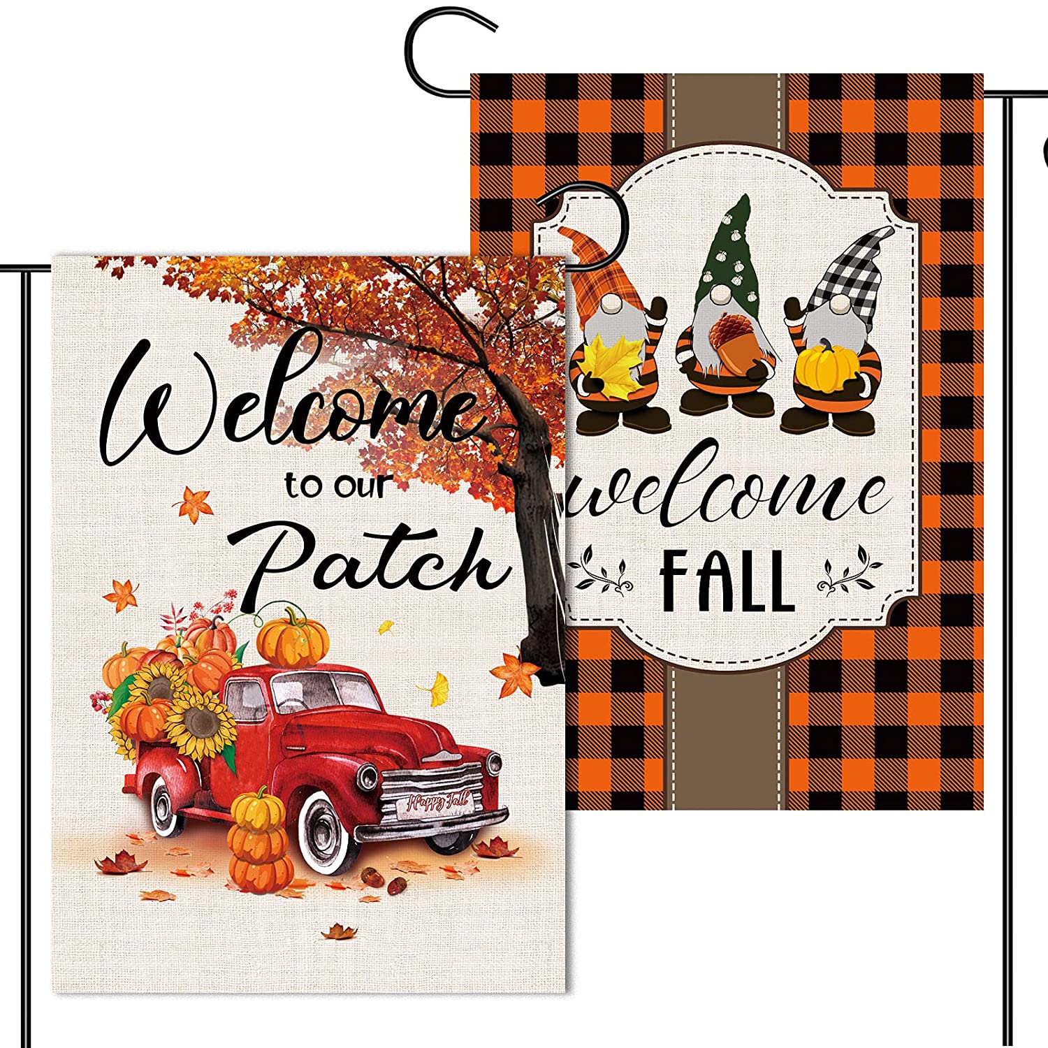 2 Pcs Harvest Fall Garden Flags 12x18 Double Sided, Burlap Buffalo Plaid Autumn Gnome And Maple Pumpkin Truck Thanksgiving Garden Flags, Outdoor Yard Decors for Pumpkin Patch Welcome Sign