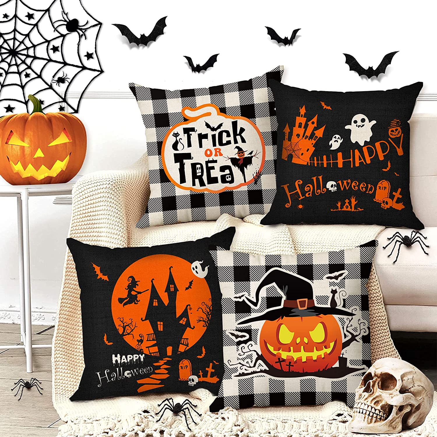Halloween Pillow Covers 18x18 inch Set of 4 Trick or Treat Pumpkin Pillow Covers Holiday Rustic Linen Pillow Case for Sofa Couch Halloween Decorations