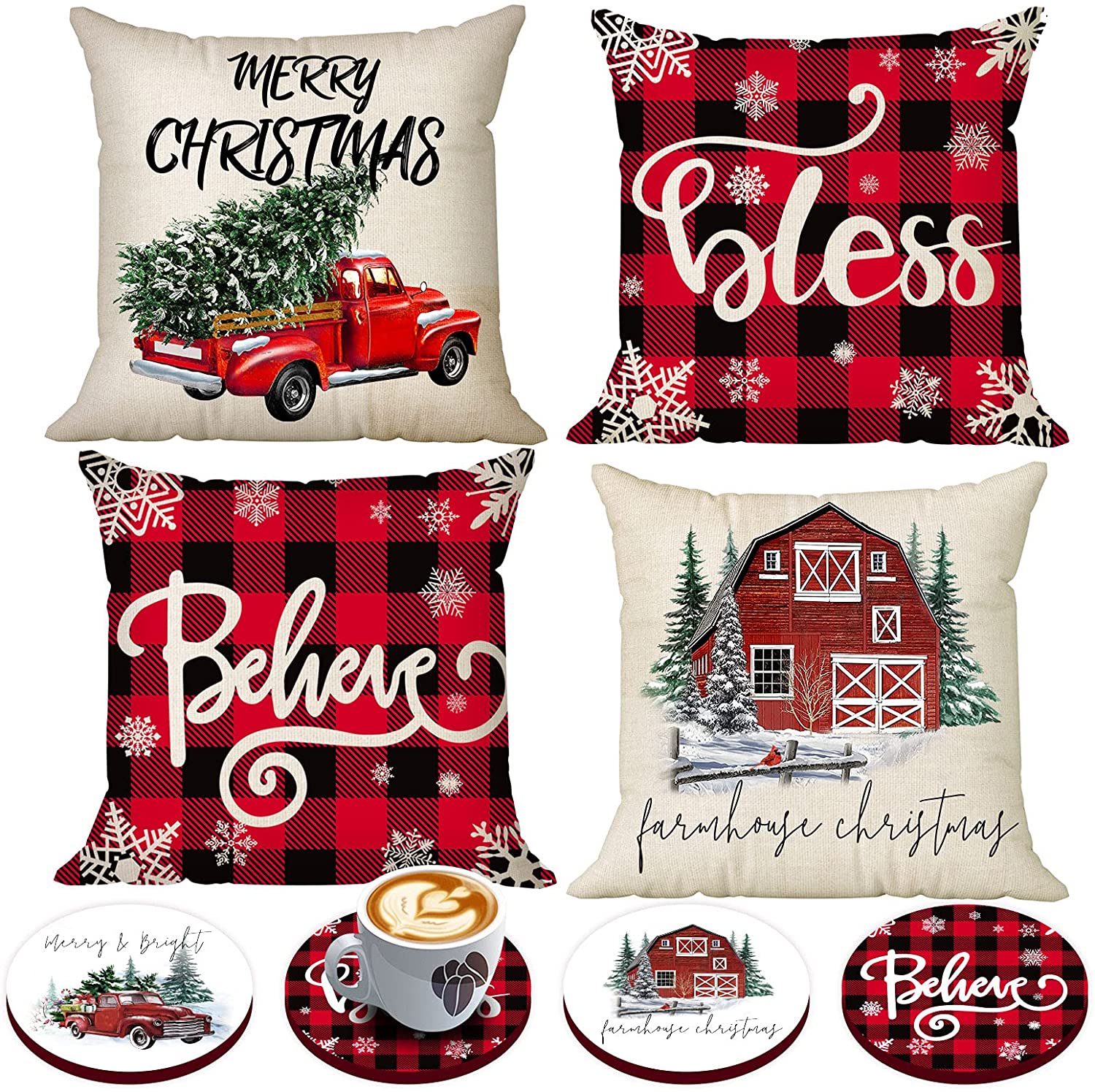 Set of 4 Buffalo Plaid Christmas Pillow Covers 18 x 18 with 4 Bonus Coasters (Farmhouse, Truck)