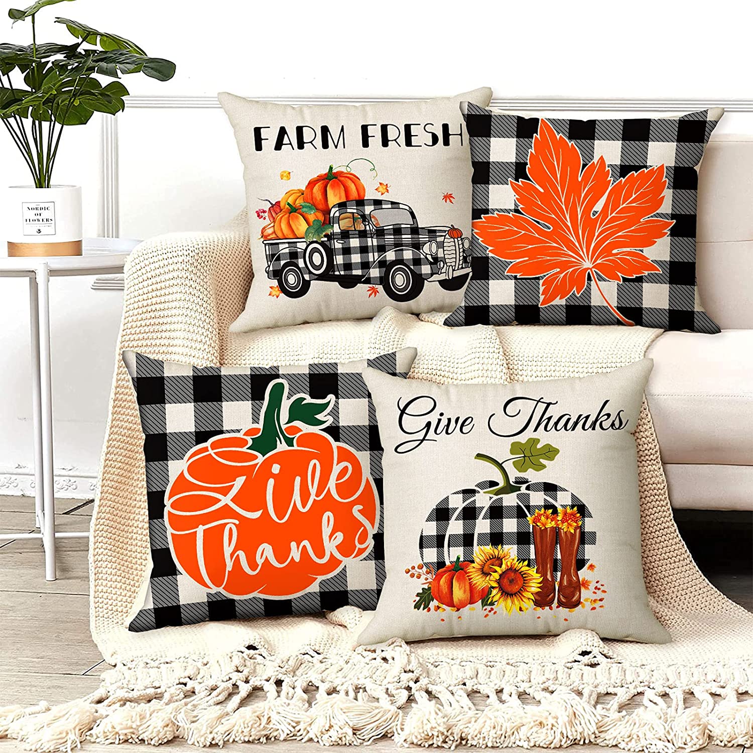 Set of 4 Farm Fresh Fall Pillow Covers 18 x 18 (Check, Maple Leaves)