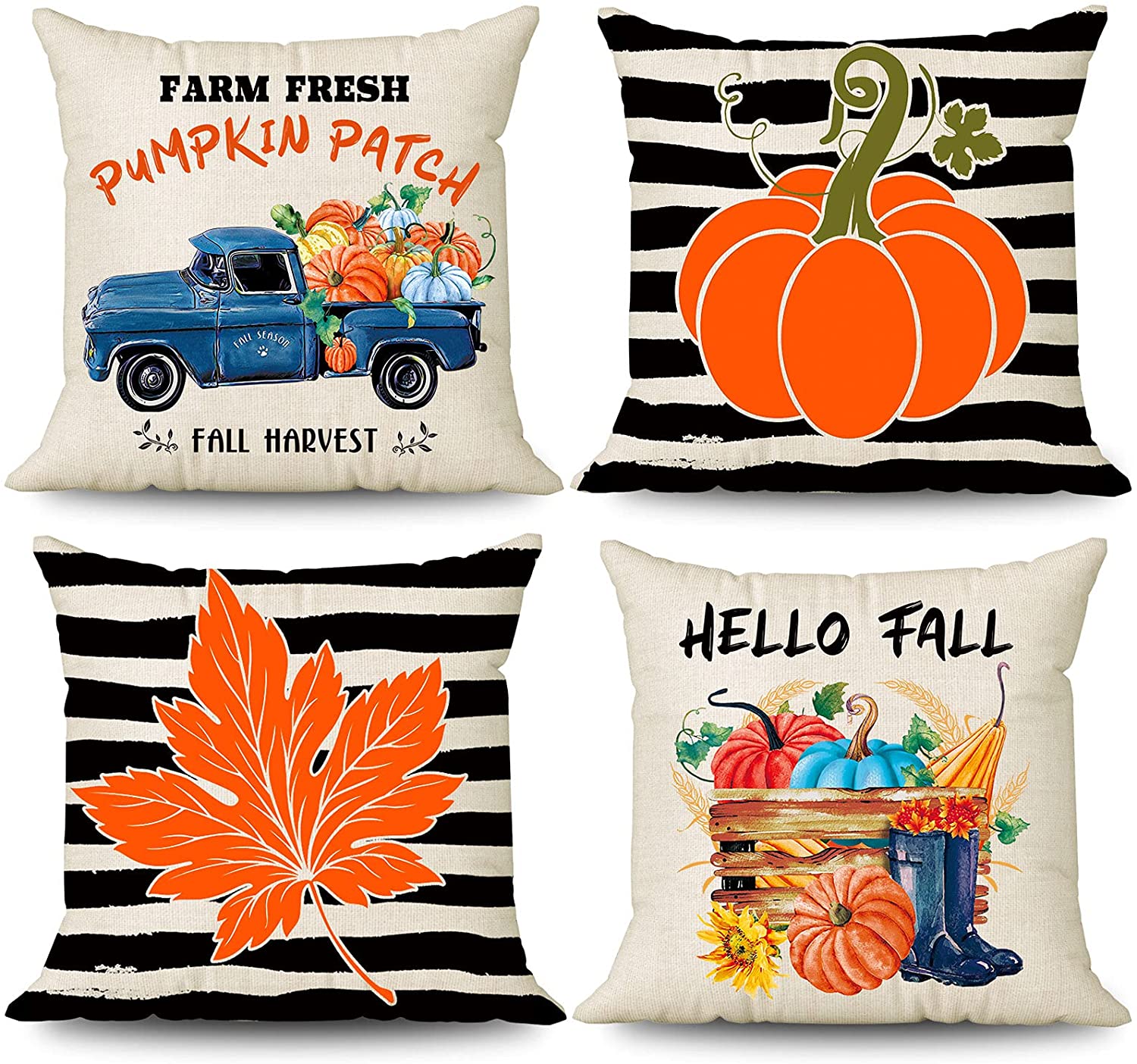 4 Pcs Farmhouse Pillow Covers 18 x 18 (Stripe, Pumpkin)