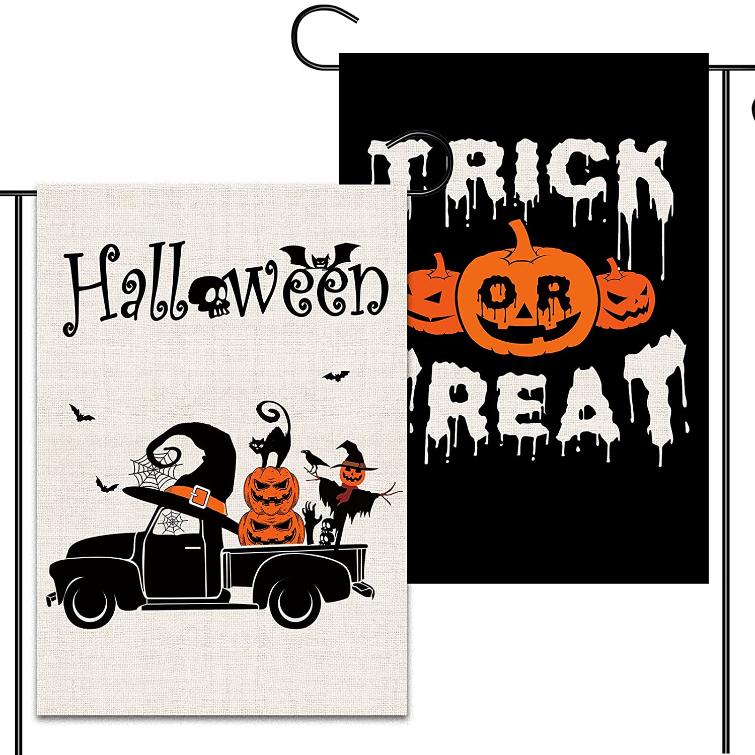 2 Pcs Double-Sided Decorative Halloween Outdoor Flags 12 x 18 (Pumpkin, Truck)
