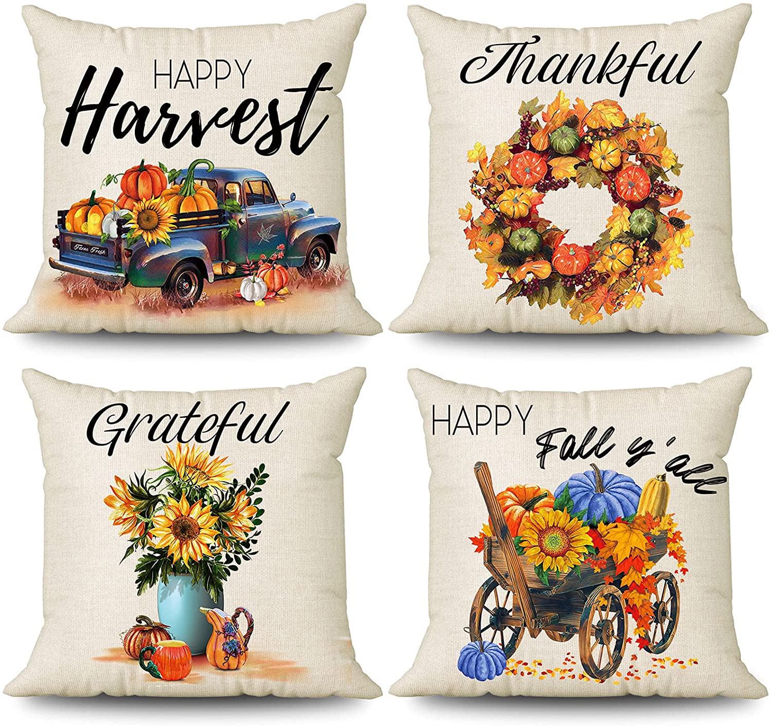 4 Pcs Harvest Decorative Pillow Covers 18 x 18 (Truck, Wreath)