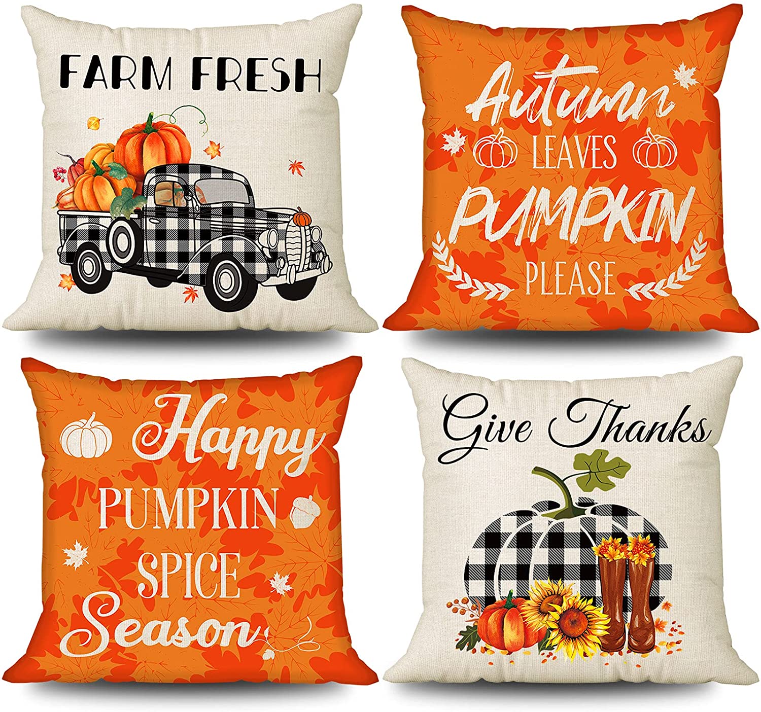 4 Pcs Happy Fall Decorative Pillow Covers 18 x 18 (Truck, Pumpkin)