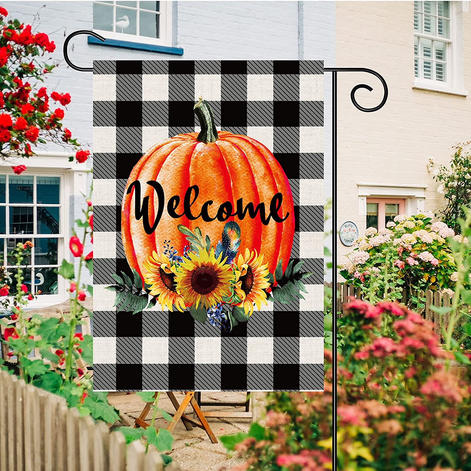 2 Pcs Fall Garden Flags 12x18 Double Sided, Burlap Happy Fall Gnome And Buffalo Plaid Pumpkin Sunflower Welcome Garden Flags, Outdoor Decorations For Thanksgiving Rustic Pumpkin Farmhouse