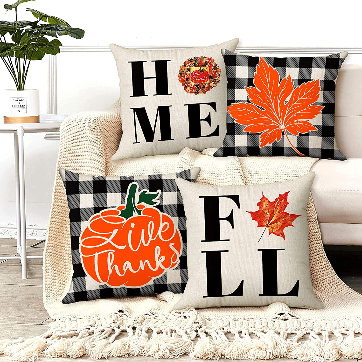 Set of 4 Sweet Home Fall Pillow Covers 18x18 (Pumpkin, Maple Leaves)