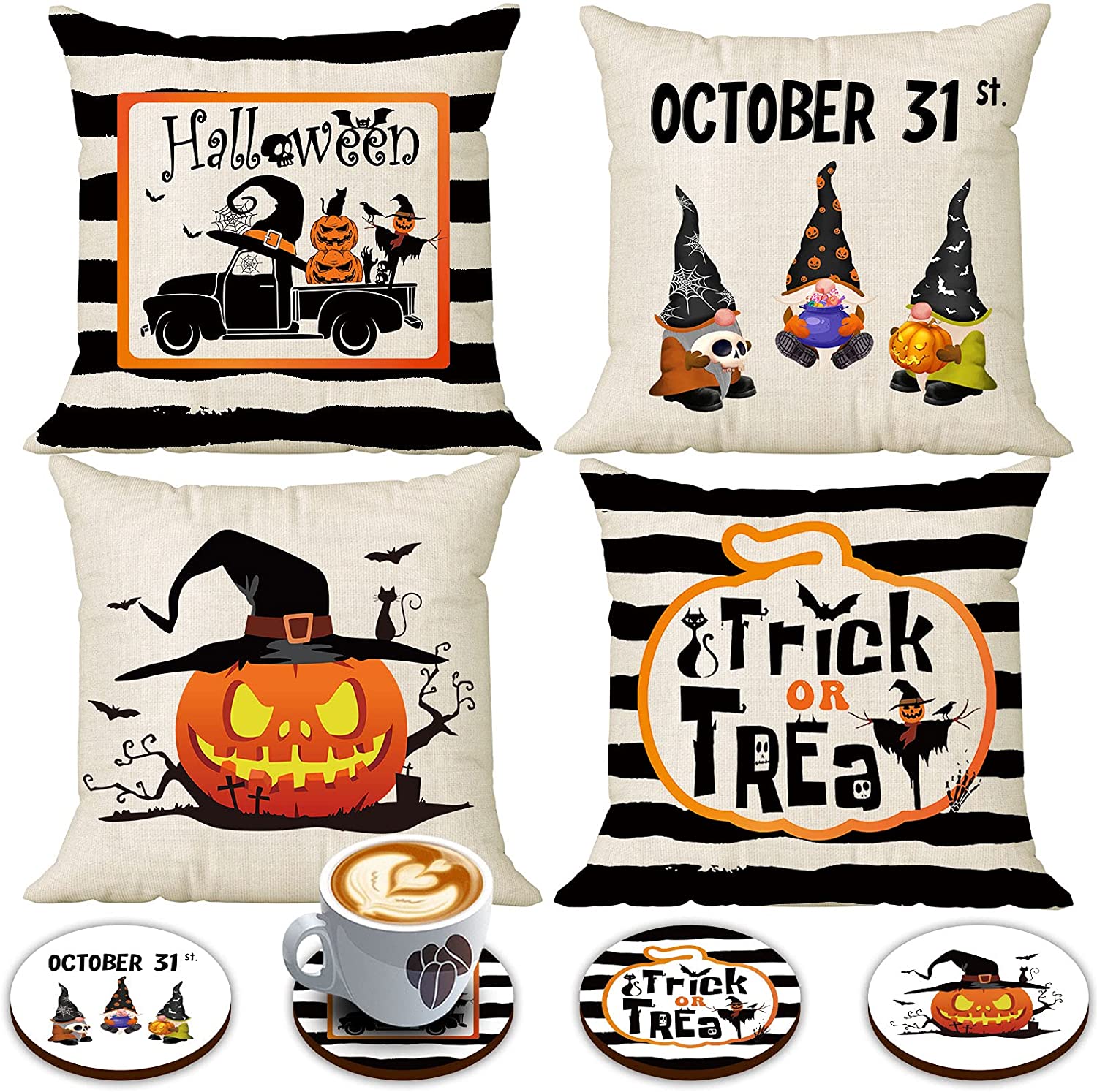 Set of 4 Linen Halloween Pillow Cover 18 x 18 with 4 Bonus Coasters (Stripe, Gnome)