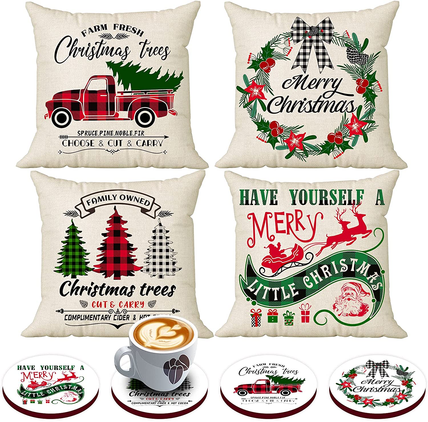 Set of 4 Christmas Pillow Covers 18 x 18 with 4 Bonus Coasters (Truck, Wreath)