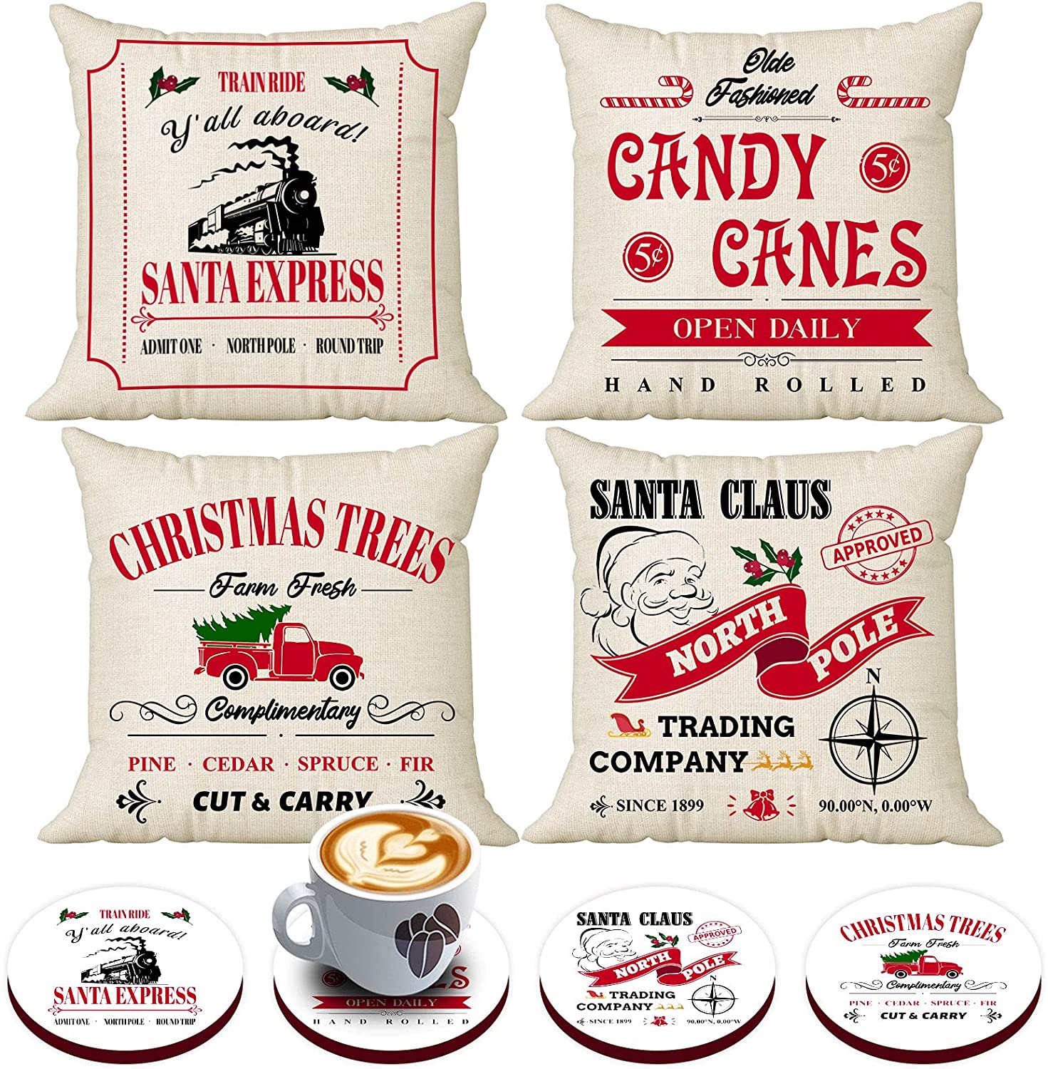 Set of 4 Pillow Covers 18x18 Christmas with 4 Bonus Coasters (Express, Truck)