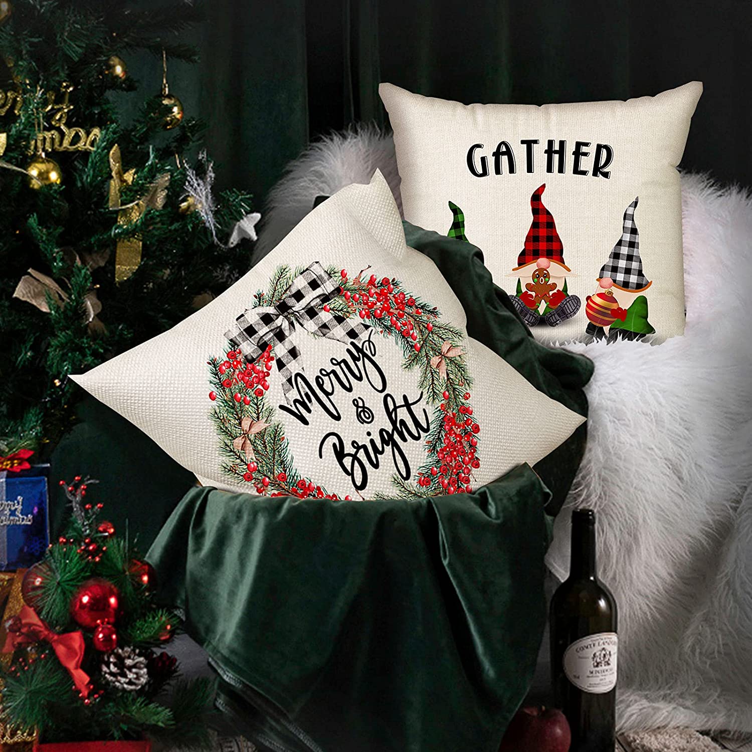 Set of 4 Buffalo Plaid Christmas Pillow Covers 18 x 18 with 4 Bonus Coasters (Gnome, Wreath)