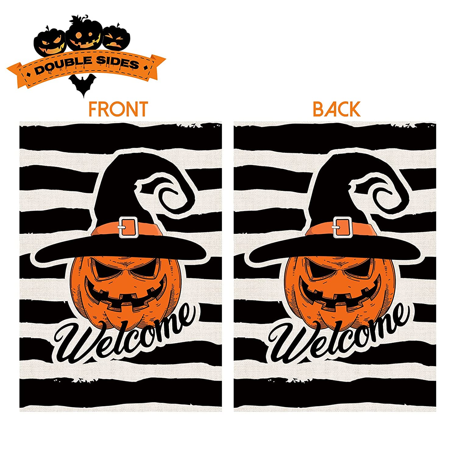 2 Pcs Double-Sided Happy Halloween Garden Flags 12 x 18 (Witch Hat, Pumpkin)