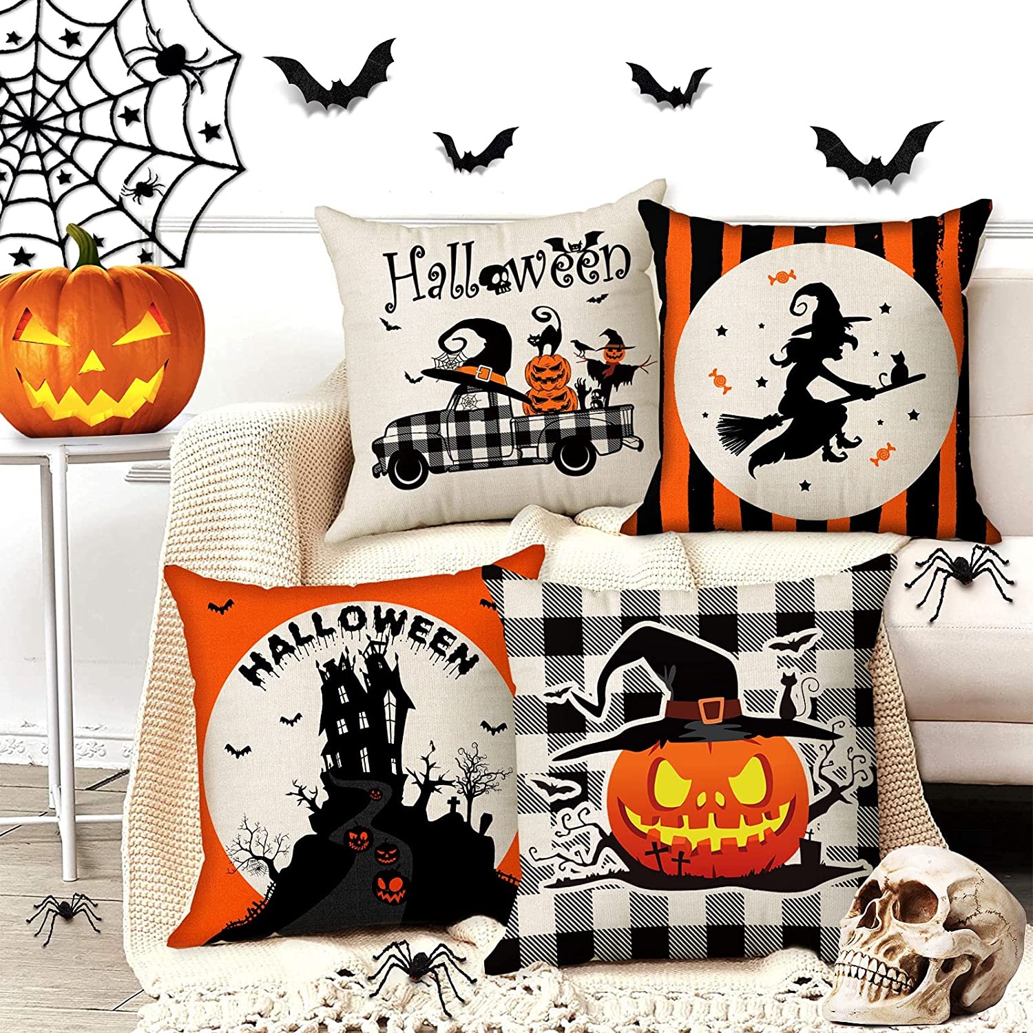 Set of 4 Halloween Spooky Pillow Cover 18 x 18 with 4 Bonus Coasters ( –  creatrillonline
