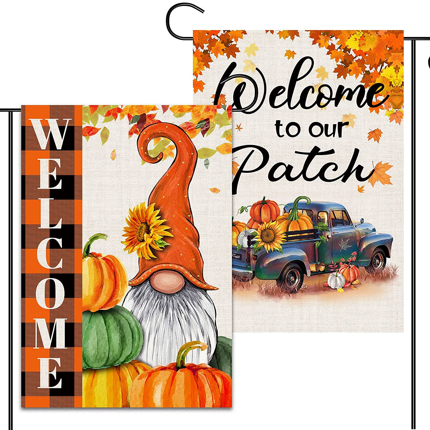 2 Pcs Harvest Fall Garden Flags 12x18 Double Sided, Burlap Pumpkin Truck And Buffalo Plaid Gnome Thanksgiving Garden Flags, Outdoor Yard Decors for Pumpkin Patch Welcome Sign