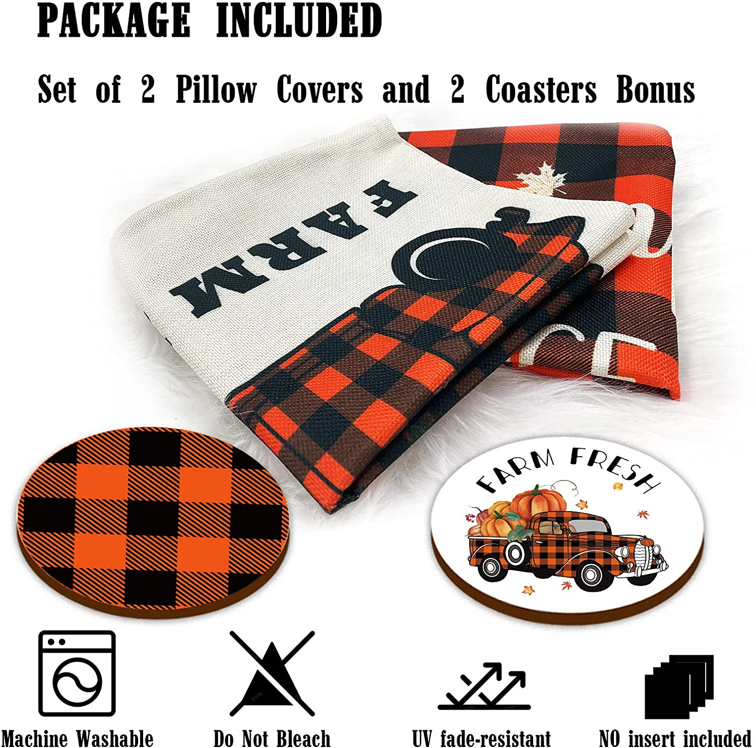 Set of 2 Happy Fall Pillow Covers 18 x 18 with 2 Bonus Coasters (Plaid, Truck)