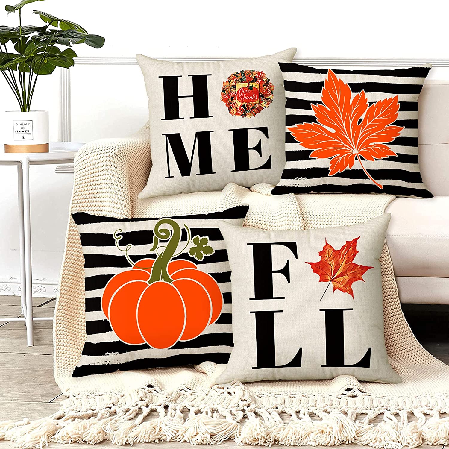 Set of 4 Sweet Home Fall Pillow Covers 18 x 18 (Pumpkin, Maple Leaves )