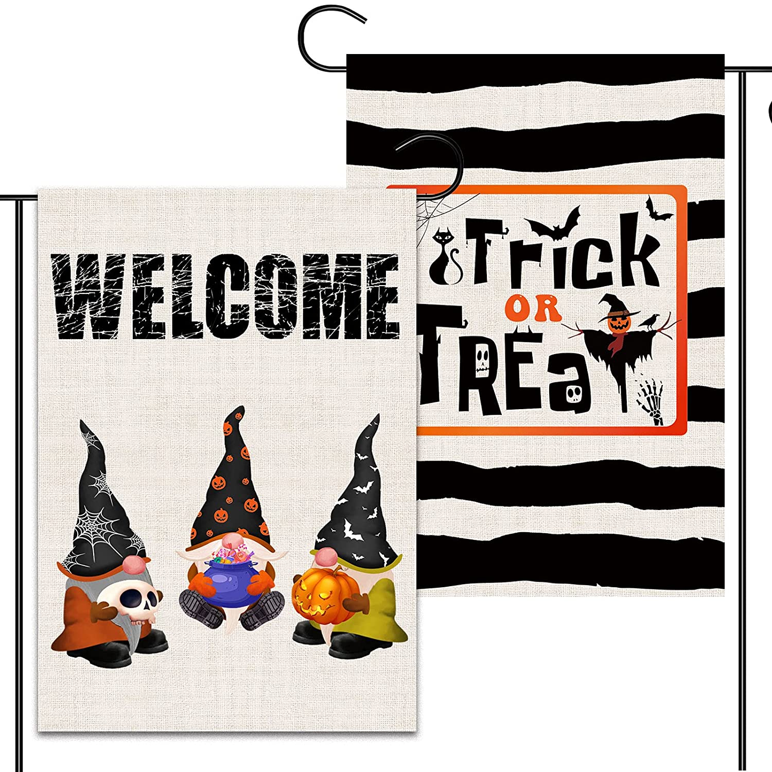 2 Pcs Double-Sided Small Halloween Garden Flags 12 x 18 (Stripe, Gnome)