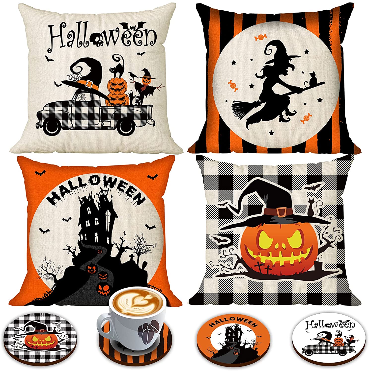 Set of 4 Halloween Spooky Pillow Cover 18 x 18 with 4 Bonus Coasters (Truck, Witch)