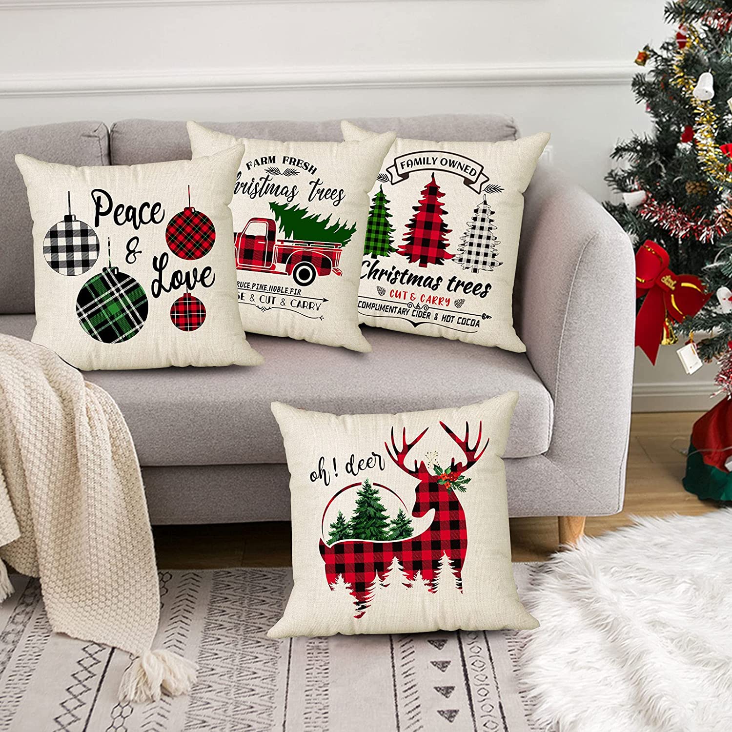 Set of 4 Christmas Pillow Covers 18x18 with 4 Bonus Coasters (Tree, Deer)