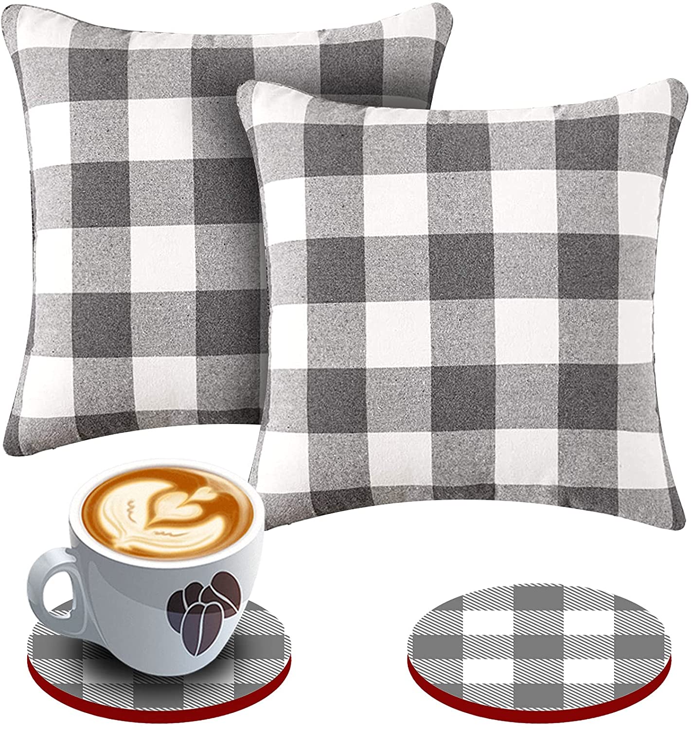 Set of 2 Farmhouse Buffalo Check Throw Pillow Covers 18 x 18 with 2 Bonus Coasters (Grey & White)