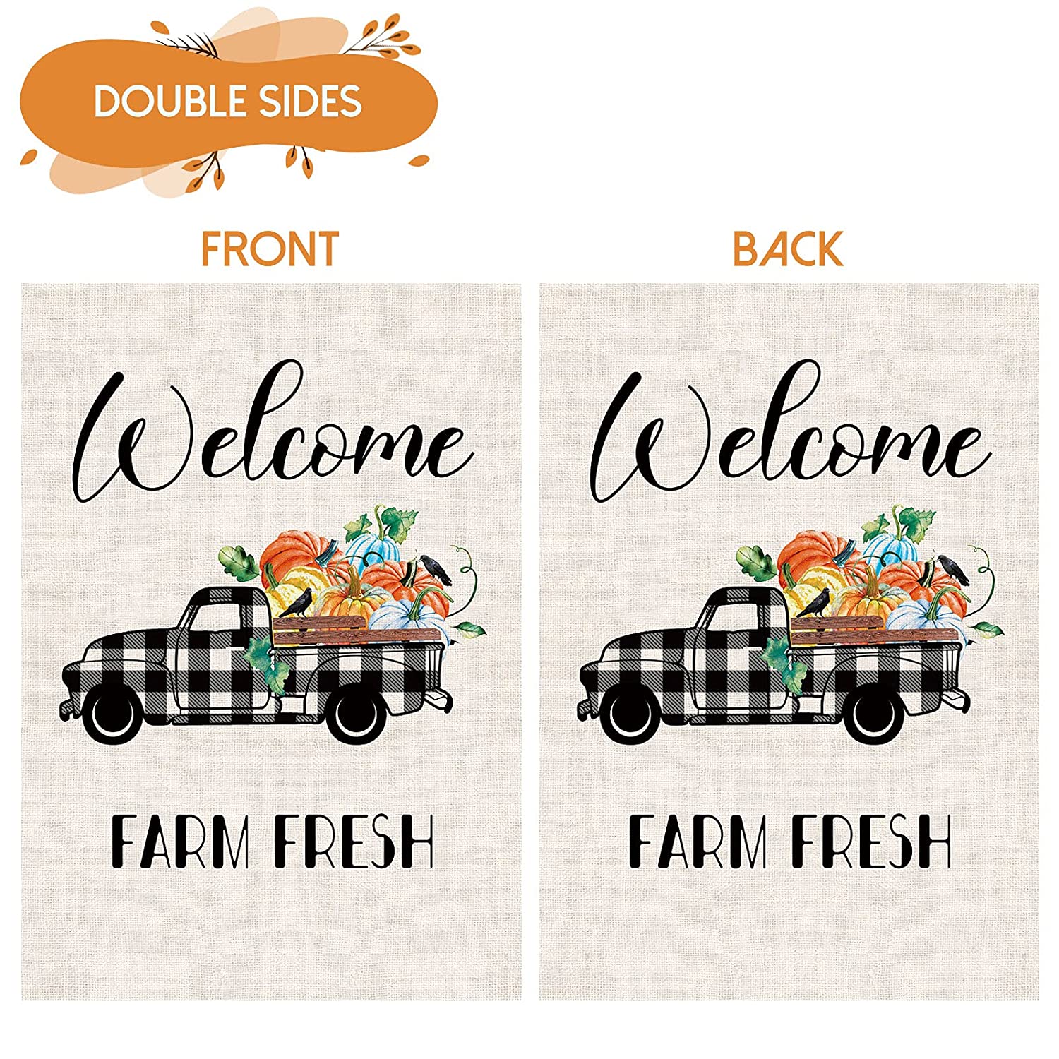 2 Pcs Double Sided Welcome Fall Garden Flags 12 x 18 (Truck, Plaid)