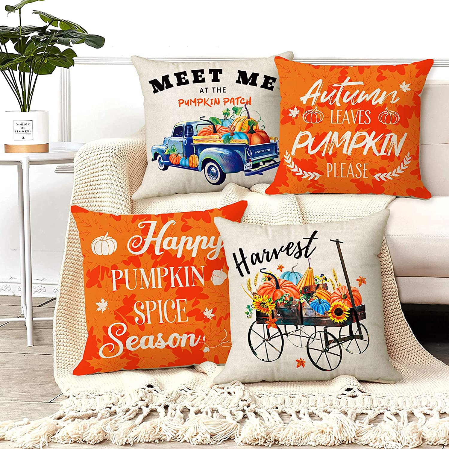 Set of 4 Happy Fall Pillow Covers 18 x 18 (Truck, Bicycle)