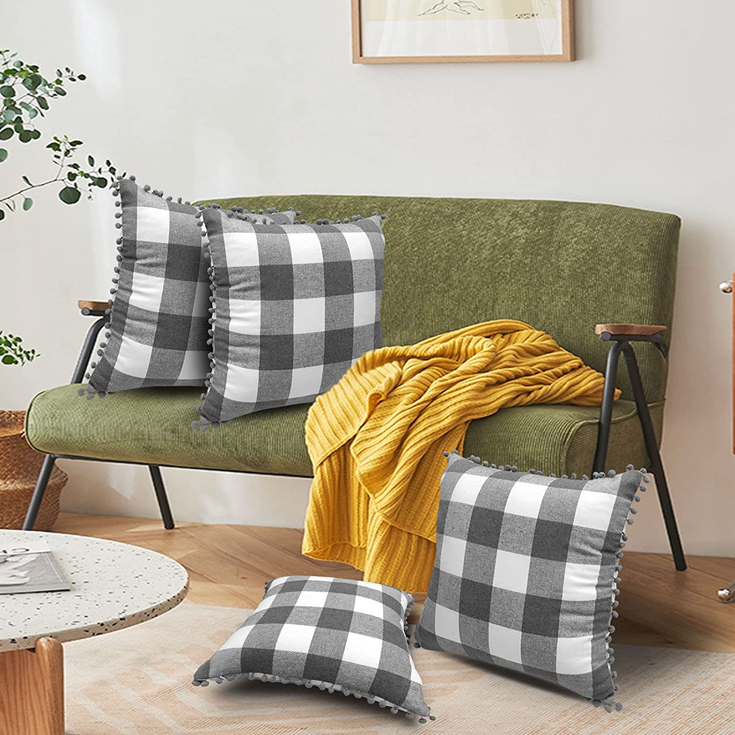 Set of 2 Soft Farmhouse Buffalo Check Pillow Covers 18 x 18 with 2 Bonus Coasters (Grey & White)