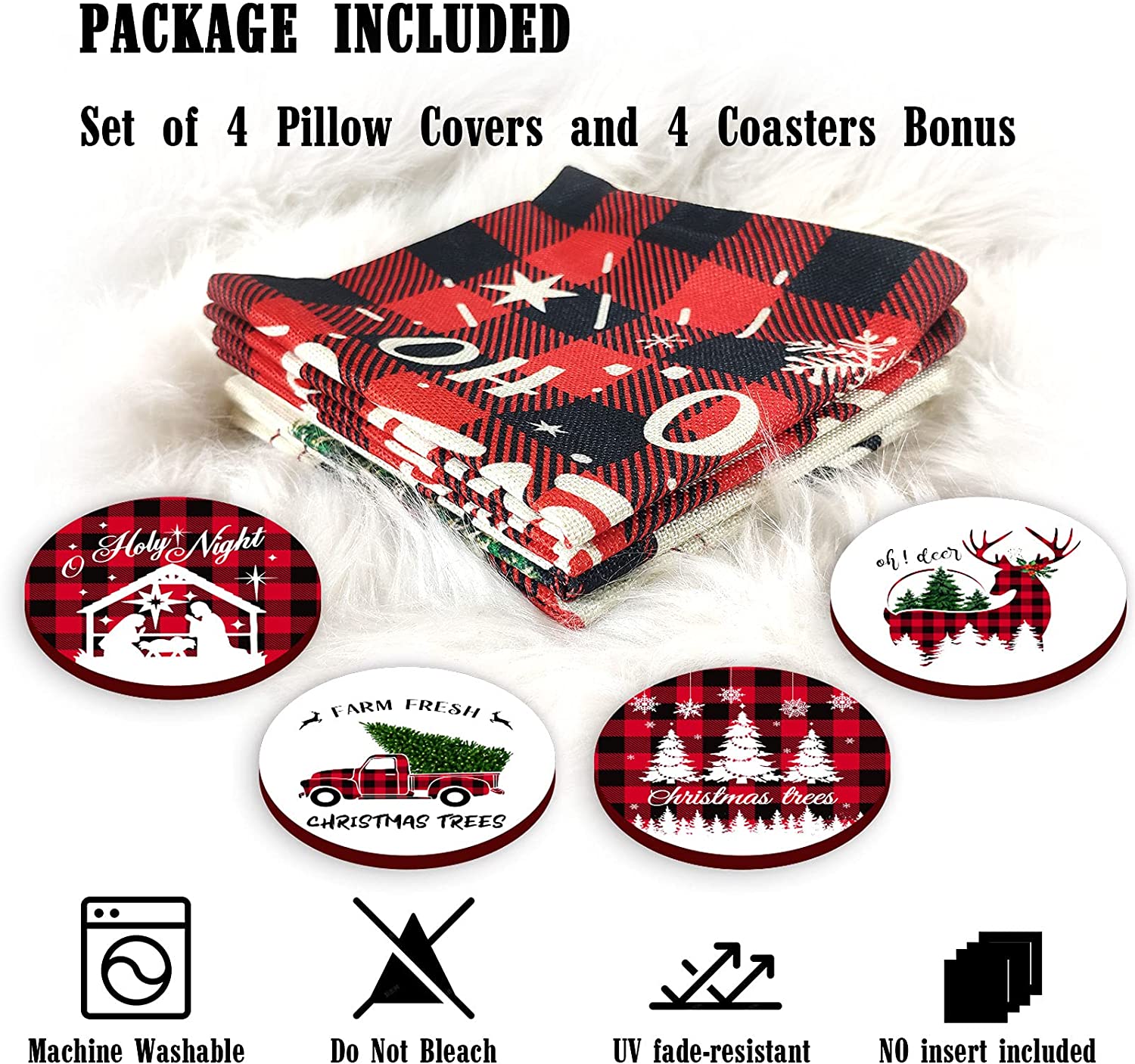 Set of 4 Farmhouse Christmas Pillow Covers 18 x 18 with 4 Bonus Coasters (Tree, Reindeer)