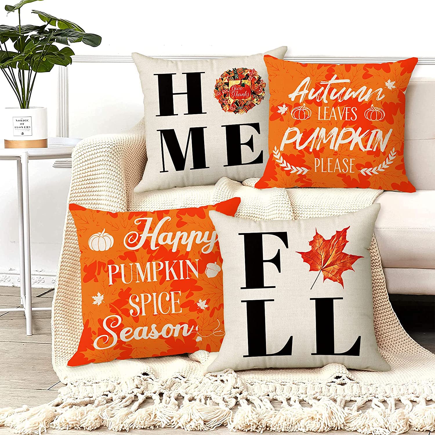 4 Pcs Sweet Home Orange Pillow Covers 18 x 18 (Home, Fall)