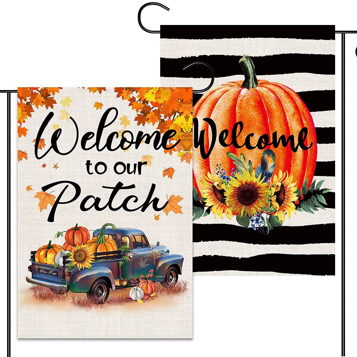 2 Pcs Welcome Fall Garden Flags 12x18 Double Sided, Burlap Maple Farm Truck And Watercolor Stripe Pumpkin Garden Flags, Thanksgiving Outdoor Decorations Harvest Farmhouse Welcome Sign
