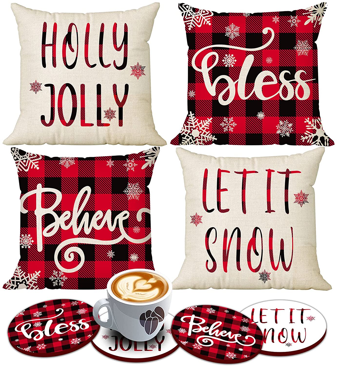 Set of 4 Christmas Pillow Covers 18x18 with 4 Bonus Coasters (Let It Snow)