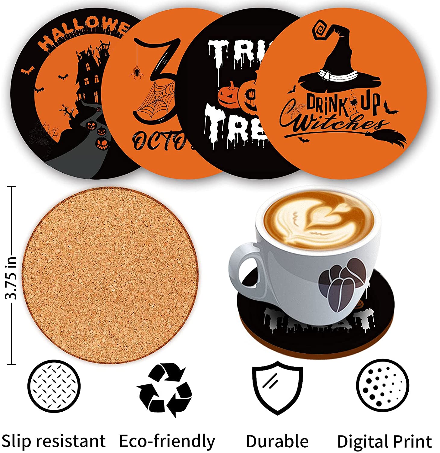 Set of 4 Halloween Trick or Treat Pillow Covers 18 x 18 with 4 Bonus Coasters (Black Cat, Castle)