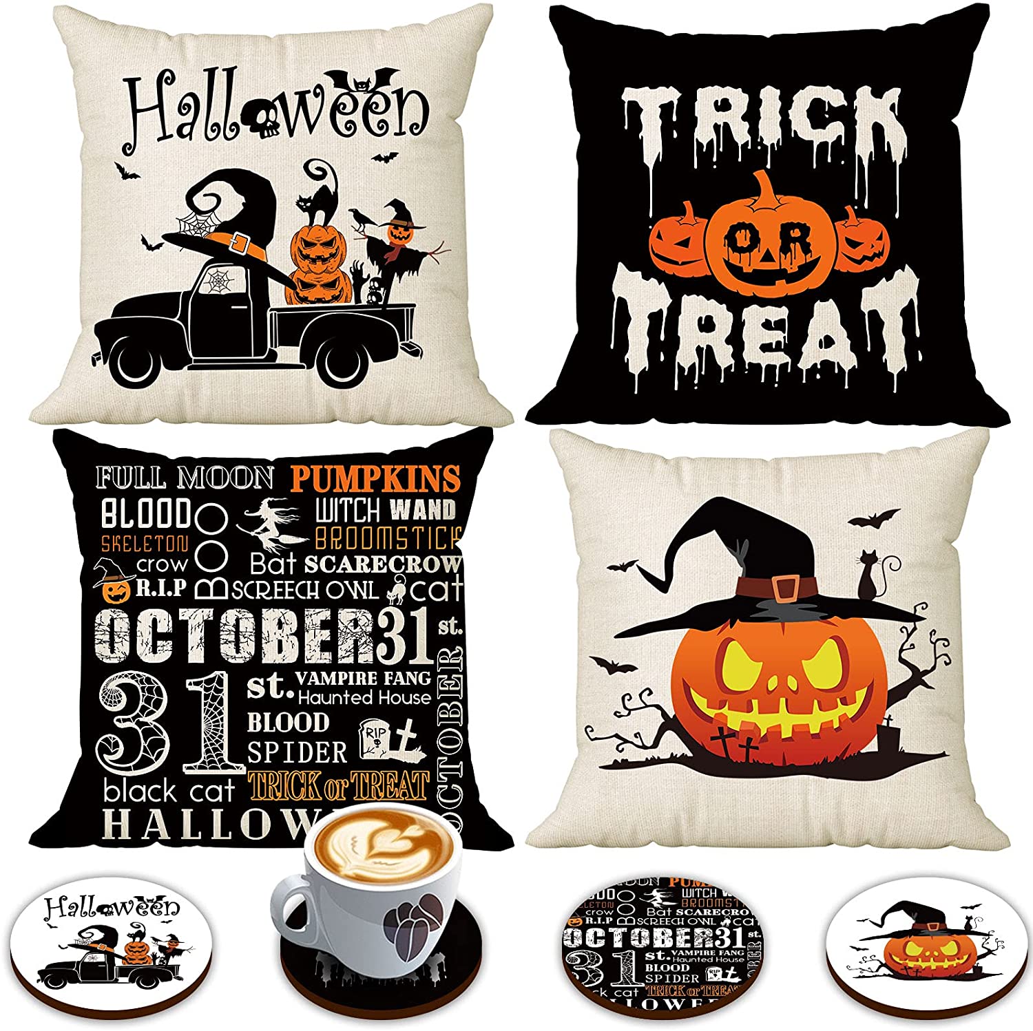 Set of 4 Happy Halloween Throw Pillow Covers 18 x 18 with 4 Bonus Coaster (Truck, Pumpkin))