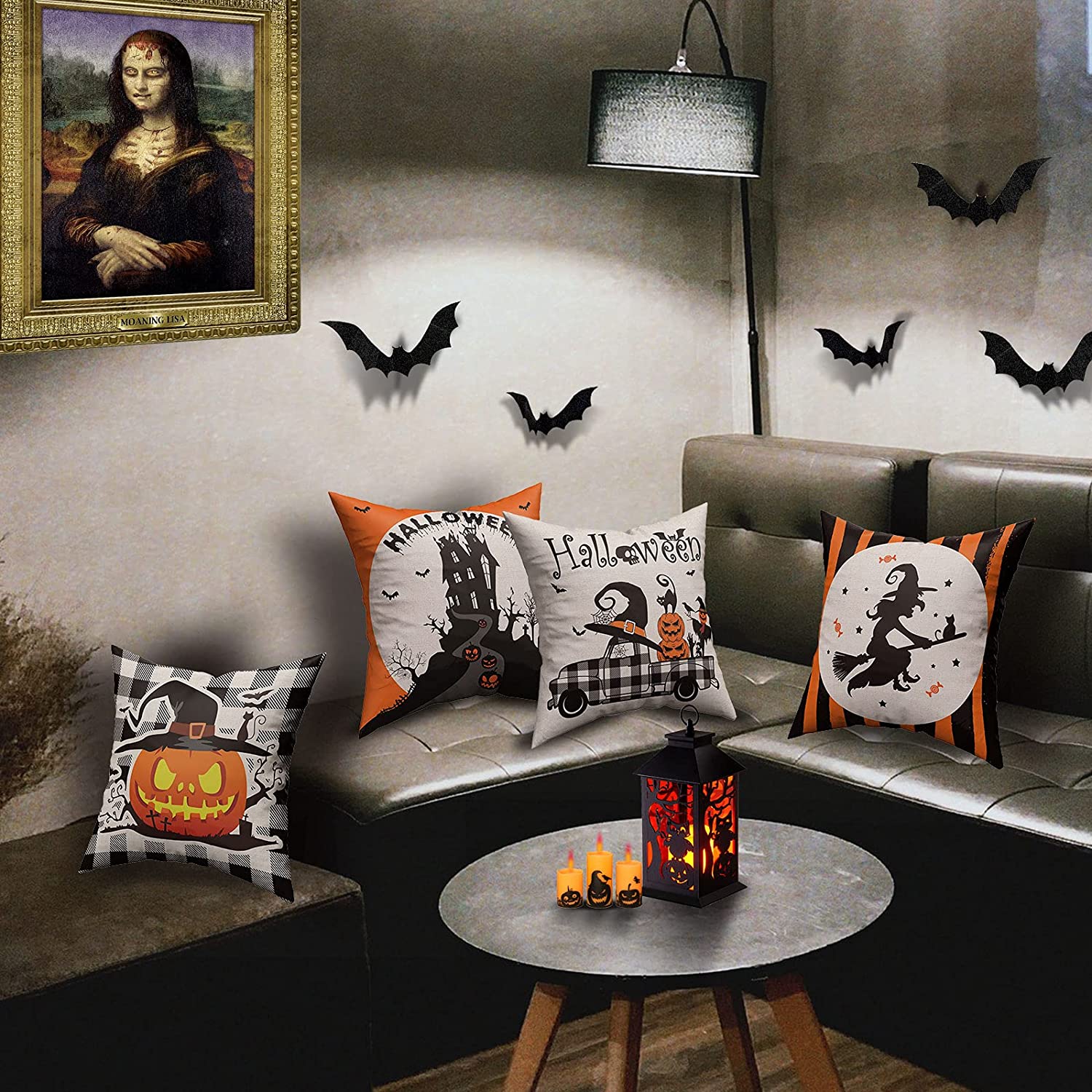 Set of 4 Halloween Spooky Pillow Cover 18 x 18 with 4 Bonus Coasters (Truck, Witch)