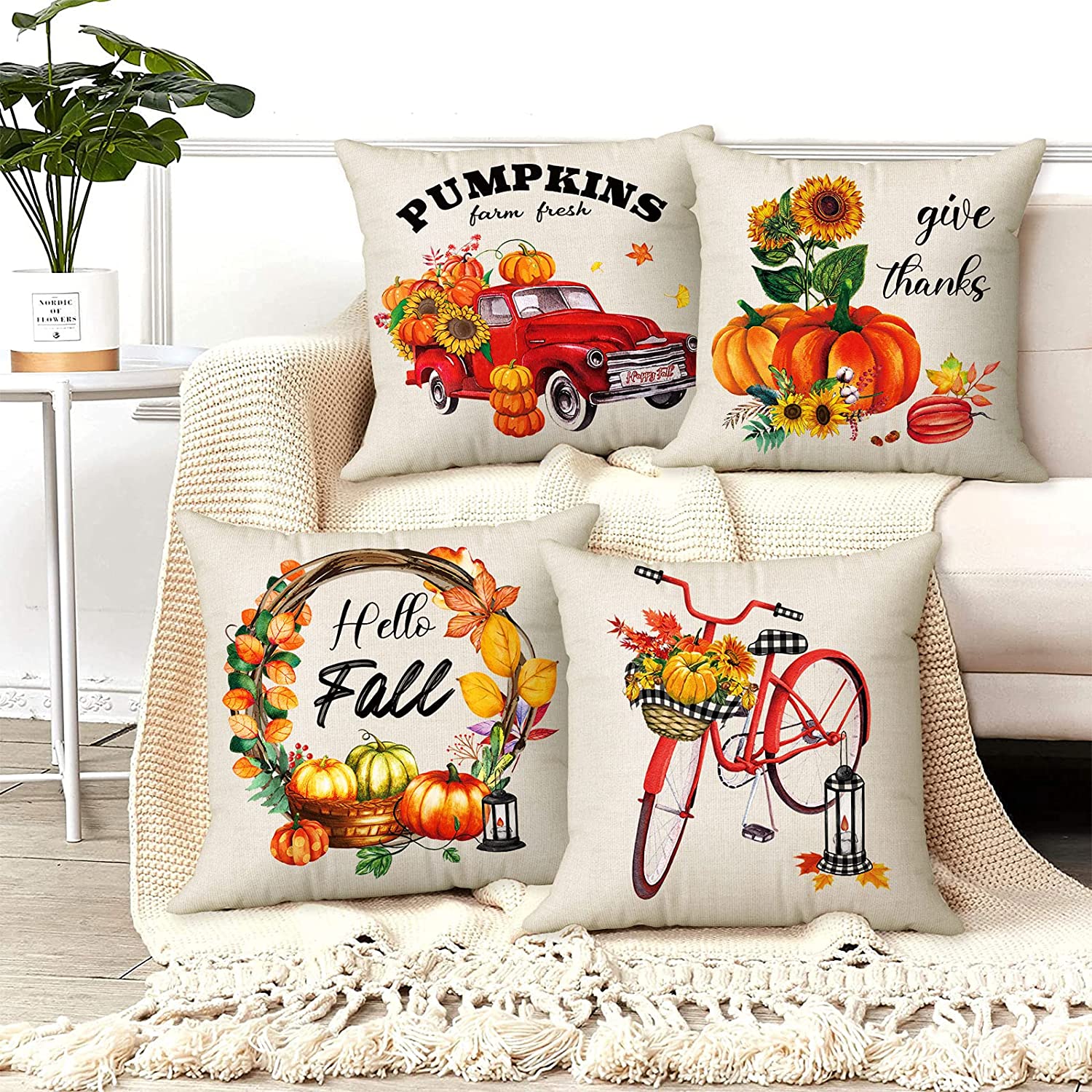 Farmhouse Fall Throw Pillow Covers 18x18 Set of 4, Autumn Pumpkin Decorative Pillow Covers, Thanksgiving Pillows Cases Harvest Cushion Cases for