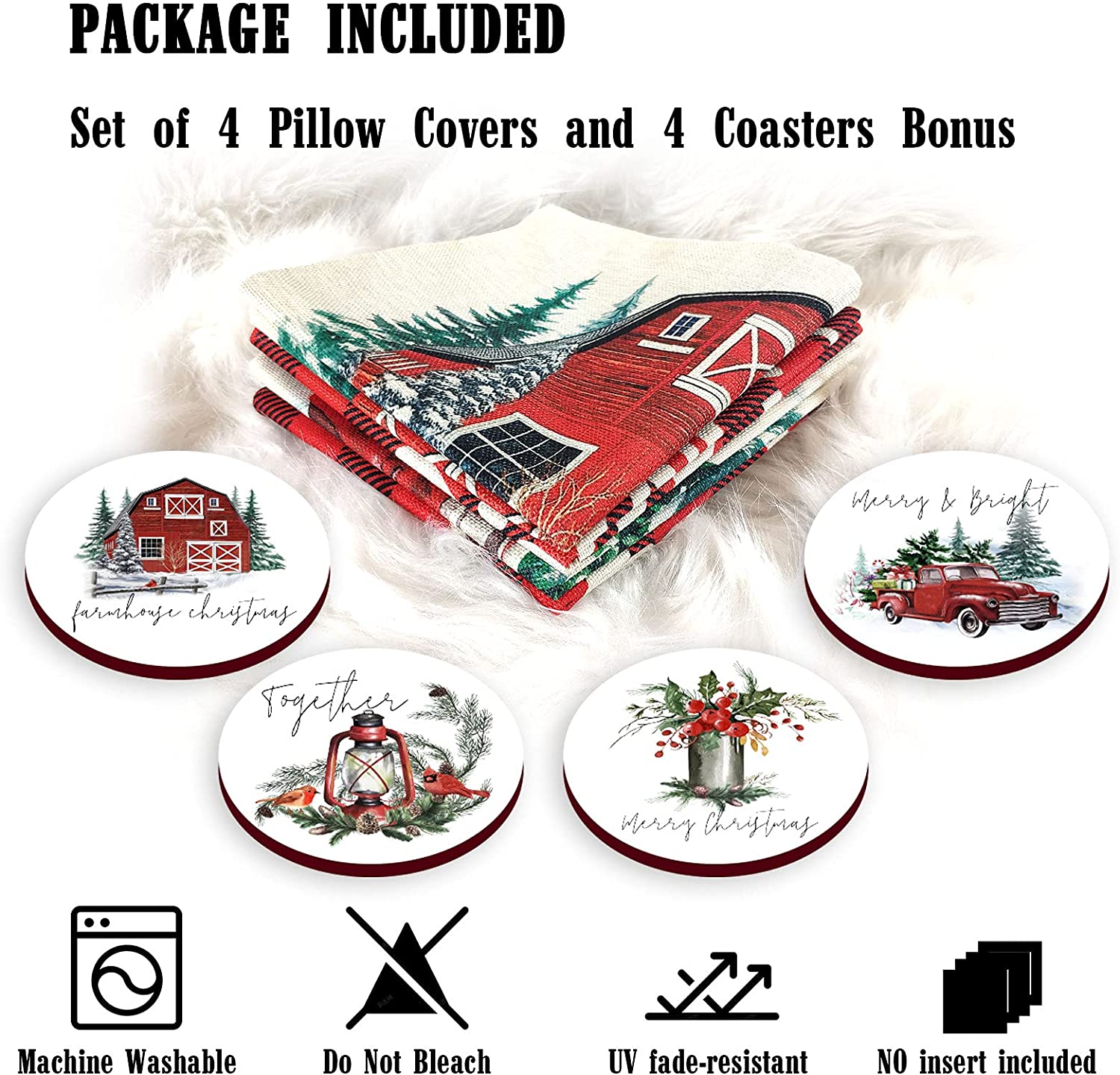 Set of 4 Farmhouse Christmas Pillow Covers 18x18 with 4 Bonus Coasters (Tree, Truck)