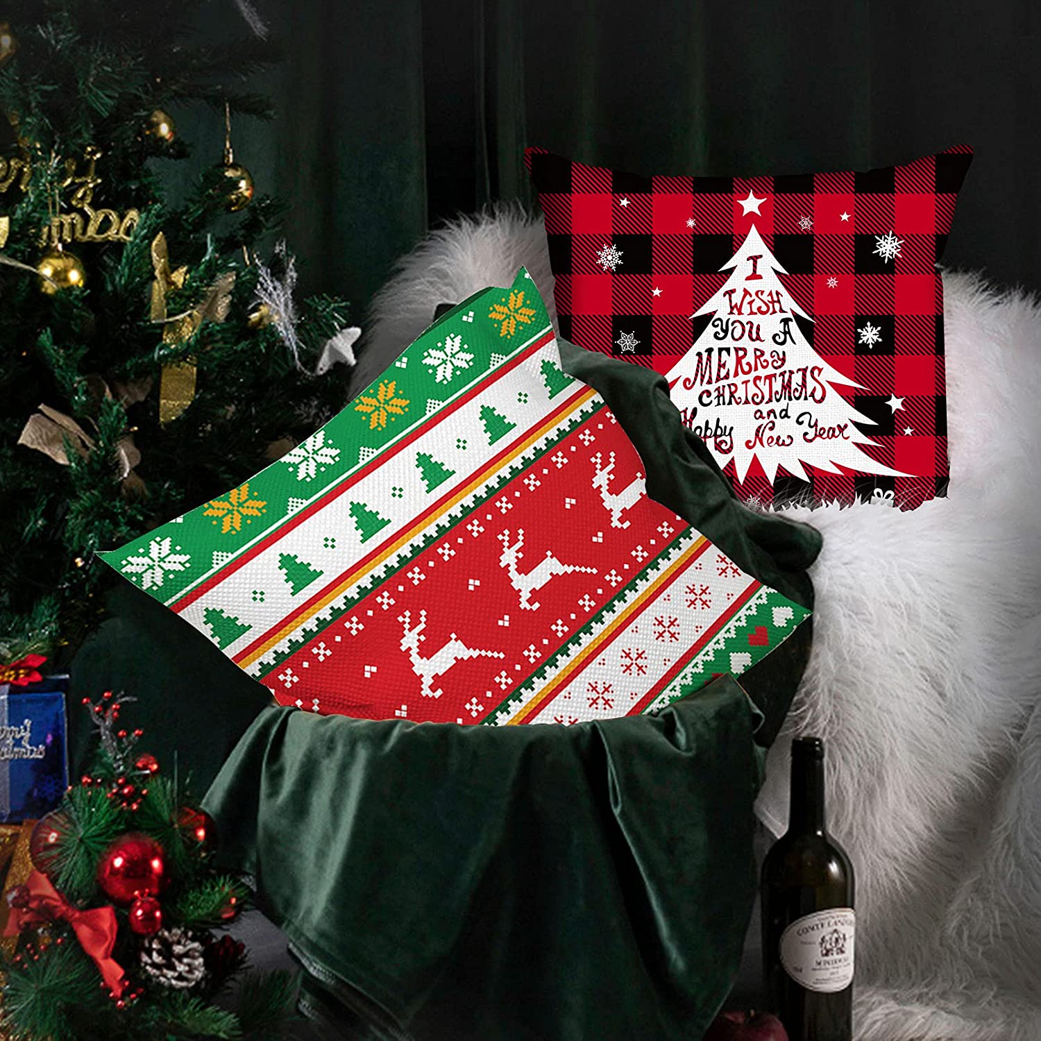 Set of 4 Buffalo Plaid Christmas Pillow Covers 18 x 18 with 4 Bonus Coasters (Truck, Deer)