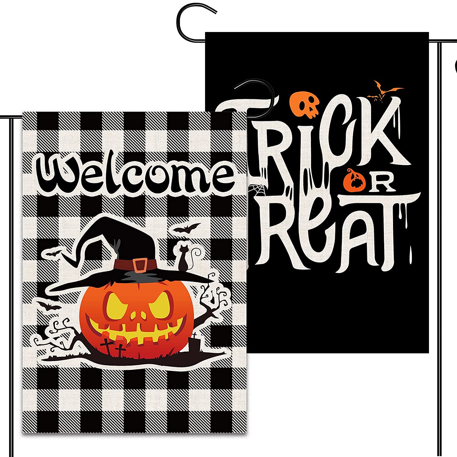 2 Pcs Double-Sided Buffalo Check Plaid Halloween Garden Flags 12 x 18 (Check, Witch Hat)