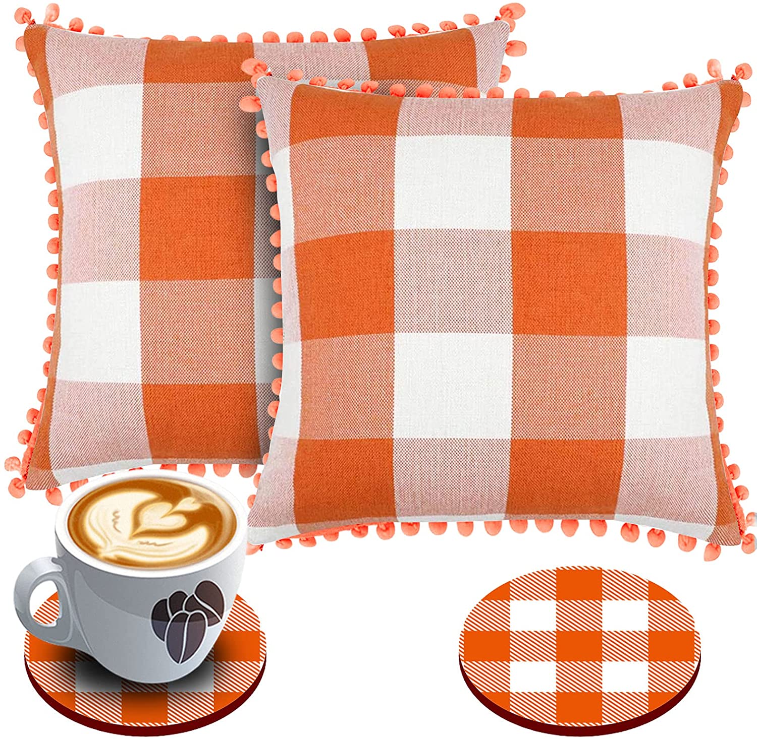 Set of 2 Buffalo Plaid Throw Pillow Covers 18 x 18 with 2 Bonus Coasters (Orange & White)