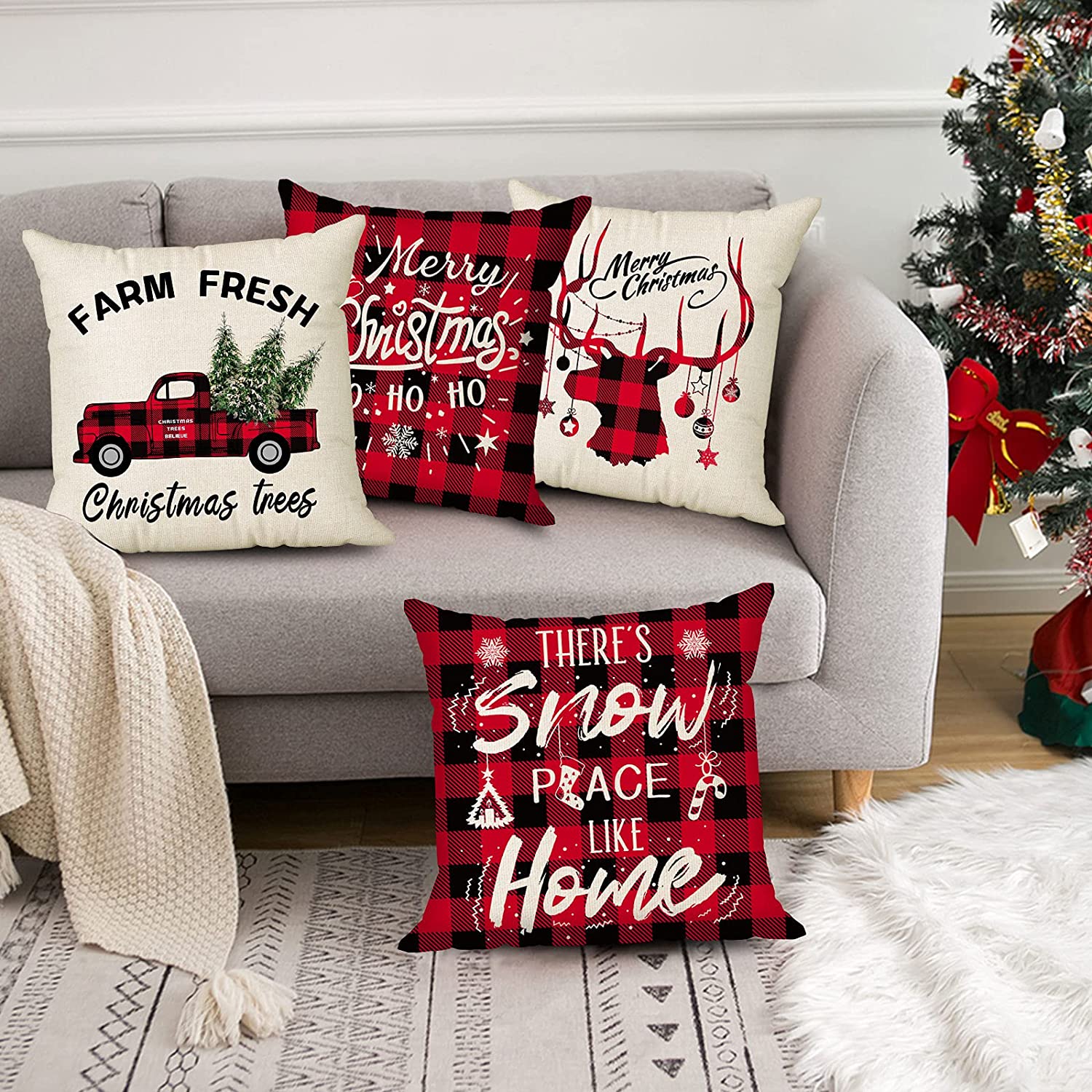 Set of 4 Buffalo Plaid Christmas Pillow Covers 18 x 18 with 4 Bonus Coasters (Truck, Reindeer)