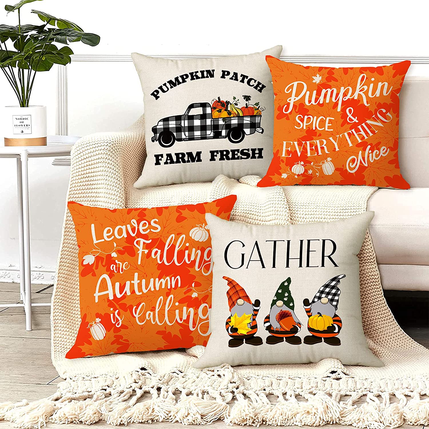 Set of 4 Farmhouse Decorative Pillow Covers 18 x 18 (Truck, Gnome)