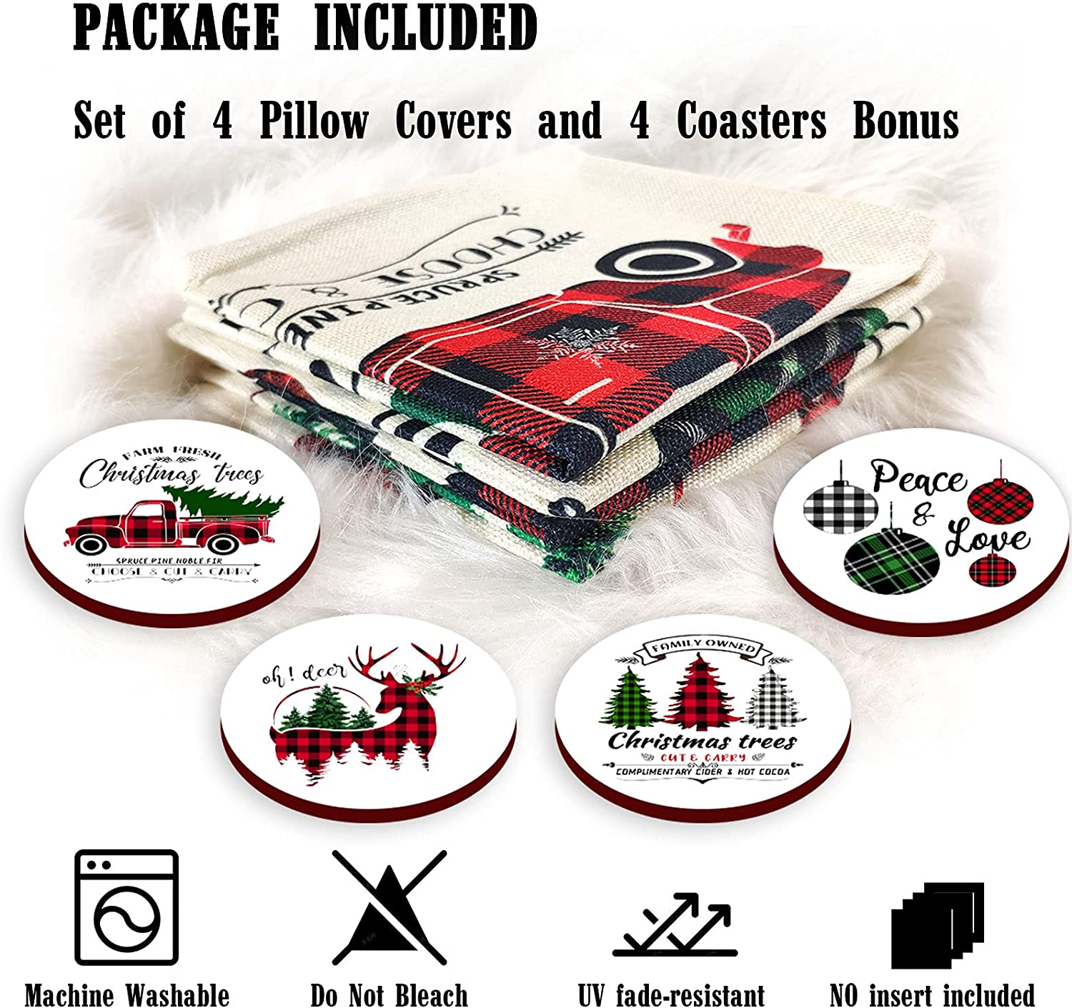 Set of 4 Christmas Pillow Covers 18x18 with 4 Bonus Coasters (Tree, Deer)